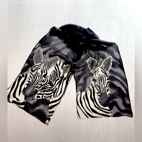 Hand painted zebra artist silk chiffon scarf rectangle black grey white - Picture 1 of 6